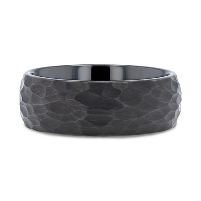 RENEGADE Domed Hammer Finish Black Tungsten Carbide Wedding Band with Brushed Finish - 6mm or 8mm