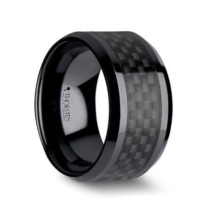 ONYX Black Carbon Fiber Inlaid Black Ceramic Wedding Band - 8mm - 12mm