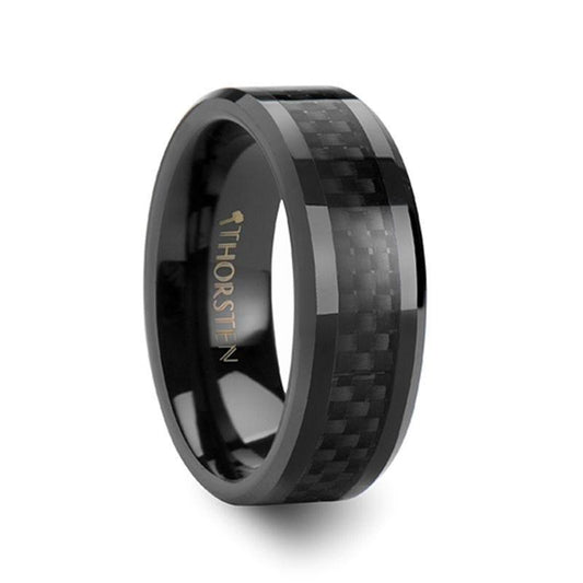 ONYX Black Carbon Fiber Inlaid Black Ceramic Wedding Band - 8mm - 12mm