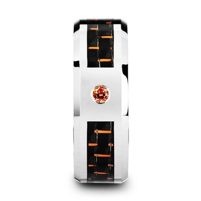 NOAH Tungsten Ring with Black and Orange Carbon Fiber and Orange Padparadscha Setting - 8mm