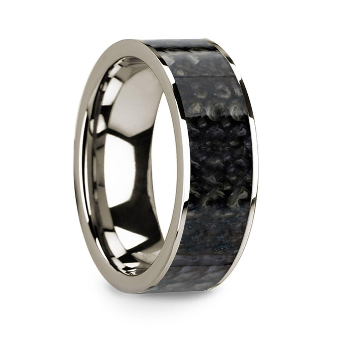 Flat 14k White Gold Ring with Blue Dinosaur Bone Inlay and Polished Edges - 8mm