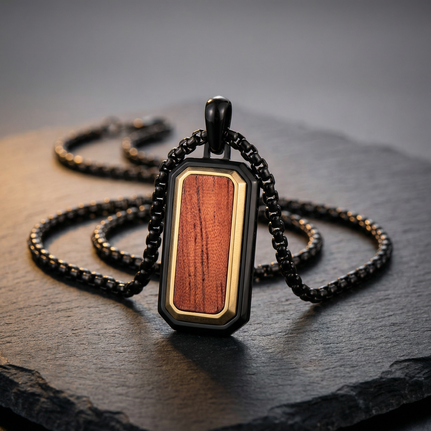 Stainless Steel Pendant with Bubinga Wood Inlay with 22in Matching Chain