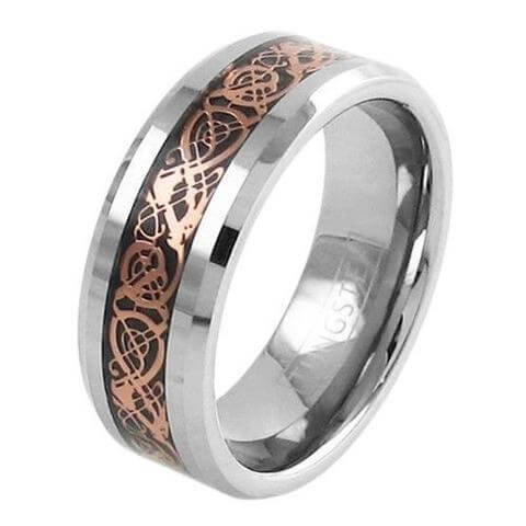 Silver Tungsten Ring With Rose Gold Dragon Motif